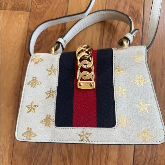 Gucci Sylvie Bee Star Leather Shoulder Bag White Web Stripe Small Project piece - Picture 8 of 16